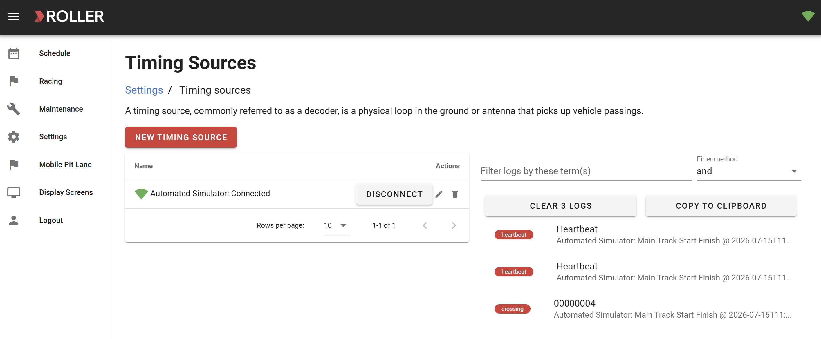 Settings page displaying timing sources and connection status for vehicle tracking.